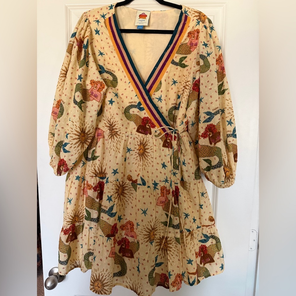 Anthropologie Cream Midi Wrap Dress with Multicolor Mermaid Print